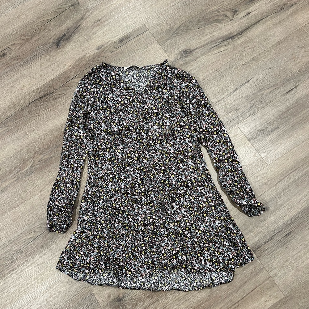 LOFT Black and White A-line Dress with Long Bishop Sleeves and V-neck